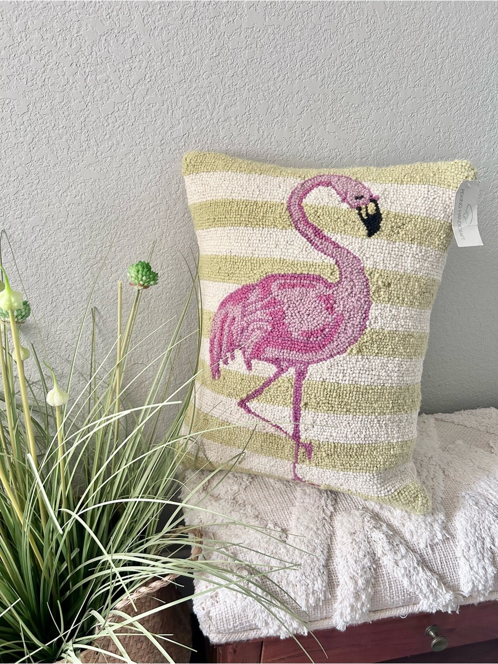 NEW Peking Handicraft Pink Flamingo Stripe Tufted Pillow 14” x 18” Wool Cotton